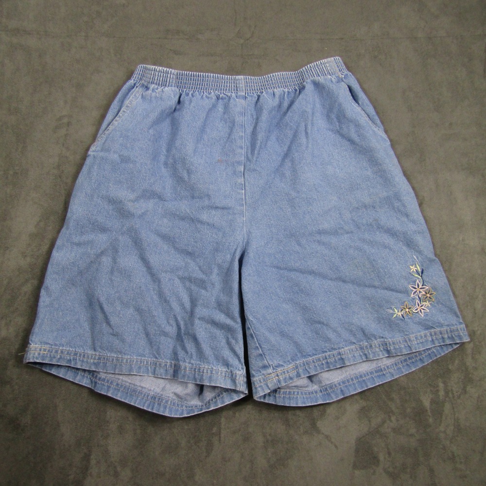 Graff Denim Shorts Women 14 Blue Floral Embroidered Elastic Waist Cotton Vintage
